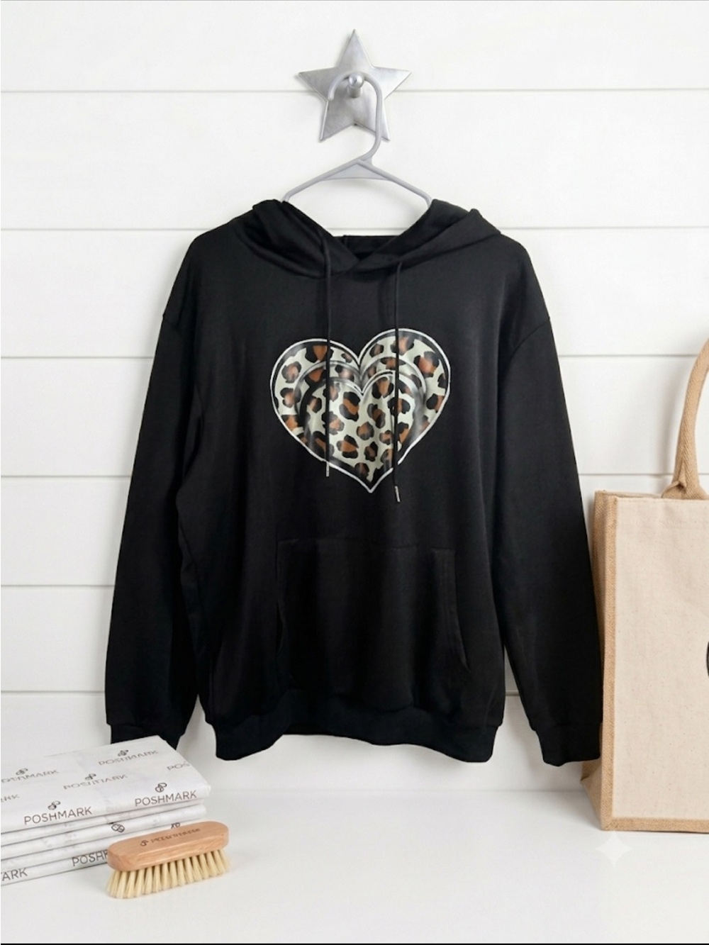 Black Hoodie with Leopard Heart Graphic LARGE